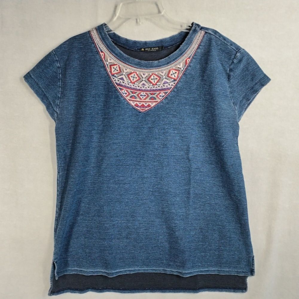 Max‎ Jeans Small Blue Denim Style Short Sleeve Boho Hippie Blouse Top Stretch